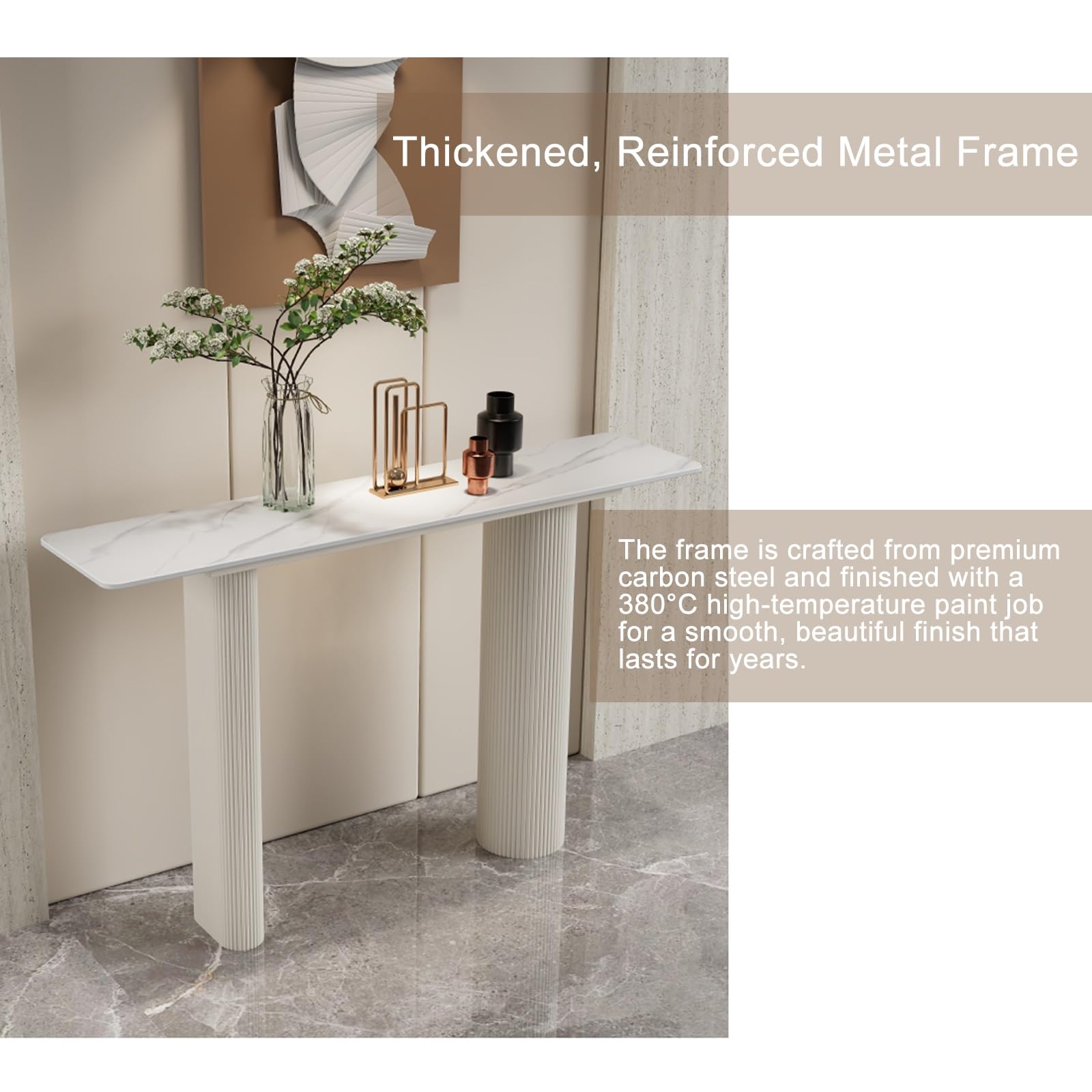 Tavolo Consolle Ingresso con Piano in Finto Marmo Bianco E Struttura in Metallo Dorato, Stile Moderno, Adatta A Ingressi, Soggiorni E Corridoi(White2,150cm/59in)