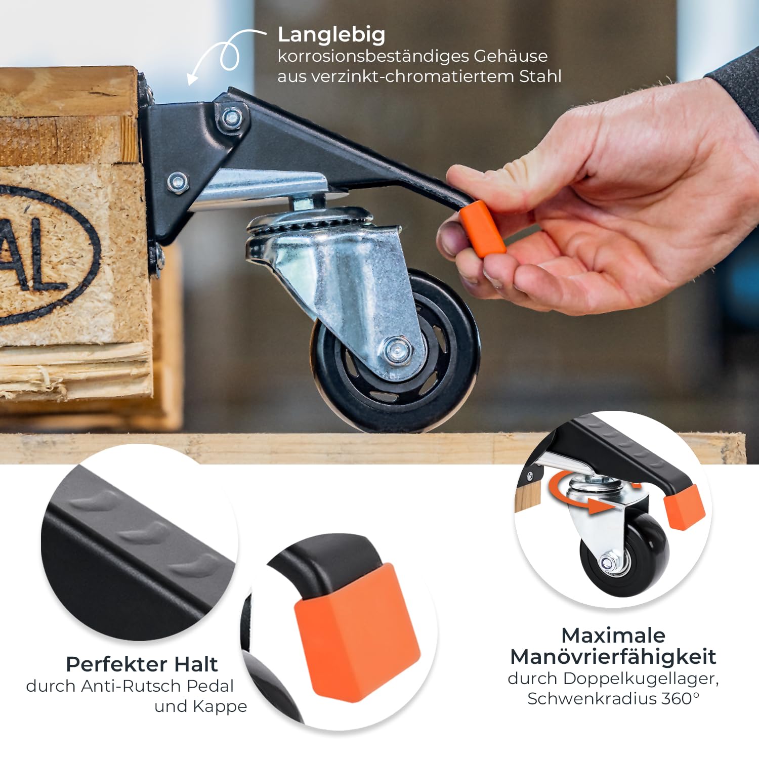 HMF 6750 Schwerlastrollen absenkbar für Werkbank | 4 Stück | 76 mm | bis 400 kg | Polyurethan, Schwarz