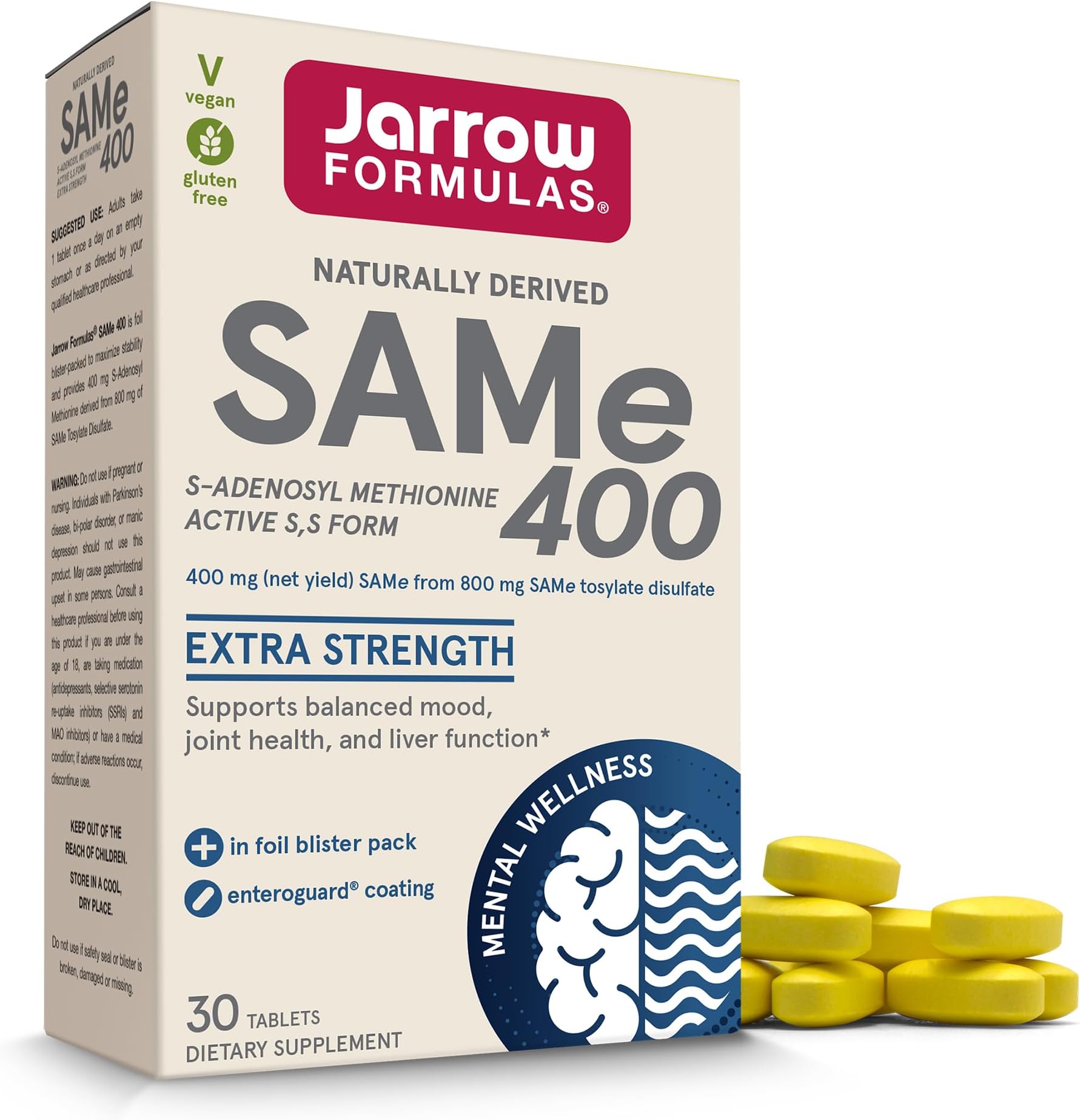 Jarrow Formulas SAMe 400 mg - 30 Tablets - Highest Concentration of Active S,S Form - Supports Joint Health, Liver Function, Brain Metabolism, Mood & Antioxidant Defense - 30 Servings