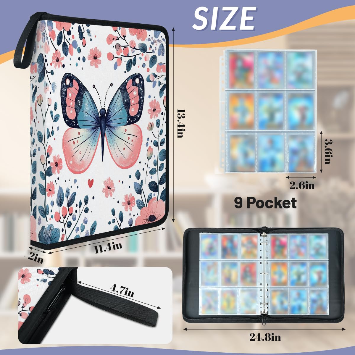 Raccoglitore per carte con 9 tasche, 900 tasche, con chiusura a cerniera (circondato da fiori e farfalle rosa)