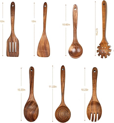 Miniatura 2 de Juego de utensilios de cocina de madera de teca, 7 piezas, utensilios de cocina de madera, incluye espátula