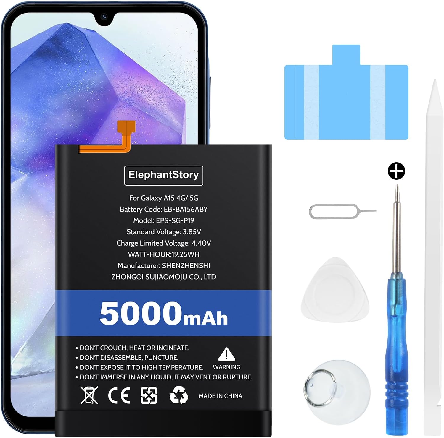 ElephantStory Battery for Samsung Galaxy A15 4G/A15 5G, EB-BA156ABY 5000 mAh Capacity Li-polymer Replace Internal Battery with All Repair Tools