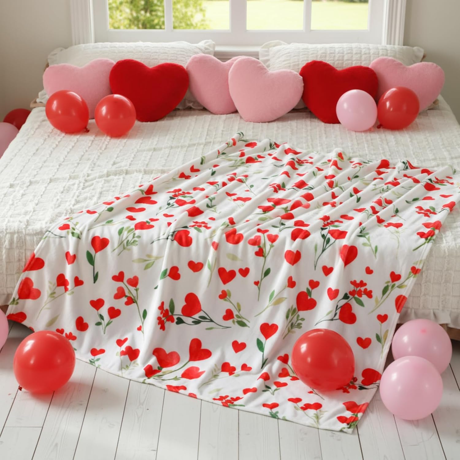 Valentine's Day Heart Flowers Throw Blanket 50"x60" Soft Warm Plush Flannel Decorative Blanket for Living Room Couch Bedroom Bed, Romantic Gift for Mom Wife Girlfriend - Image 5