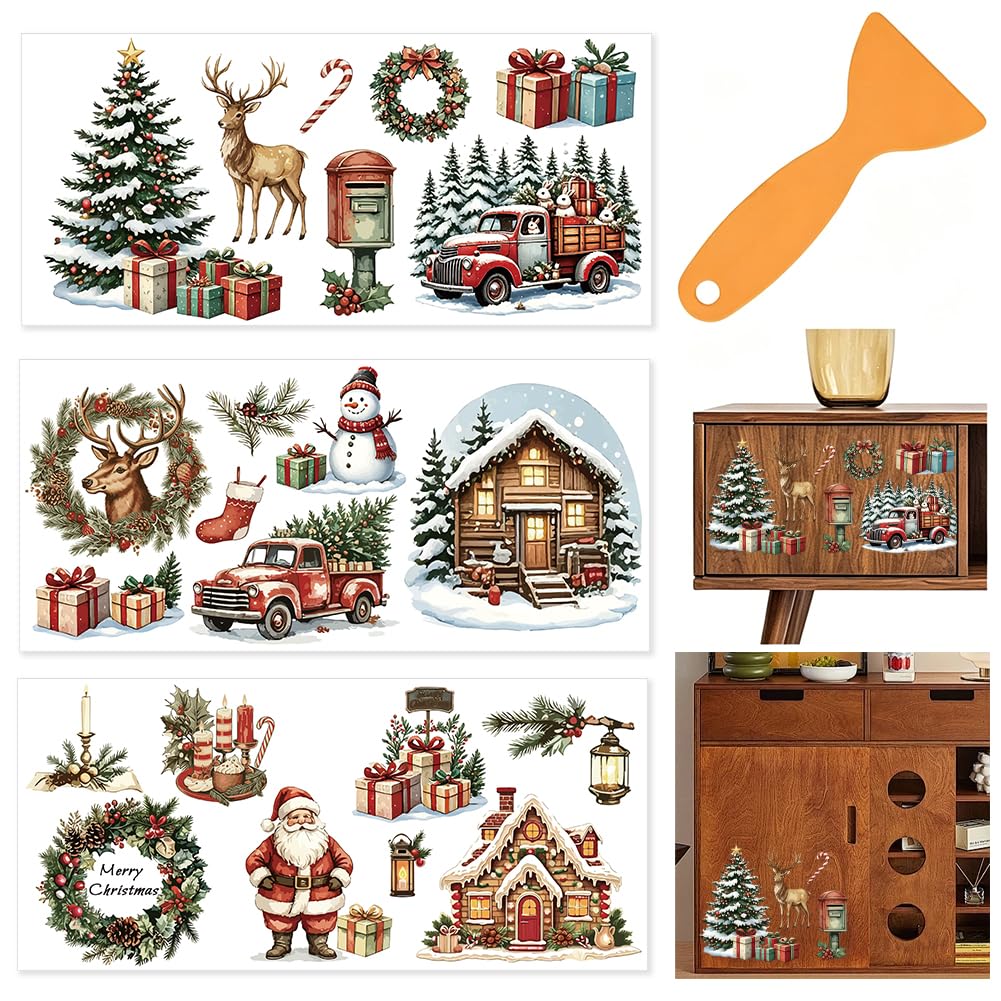 PRESSINART 3 Sheets Christmas Rub on Transfers for Furniture Crafts 6"x12"