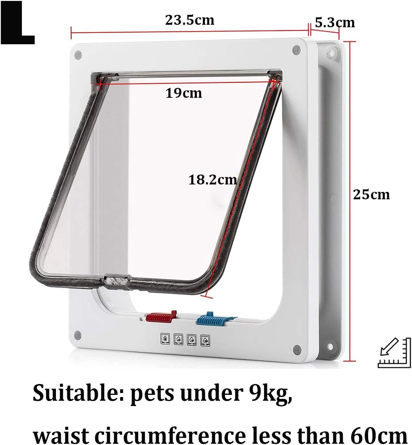 Cat Door Hua Pet Door/cat Flap with 4-Way Locking, Transparent Free Entry and Exit Flap Door for All Pets, for Glass, Walls, Doors and Windows, L