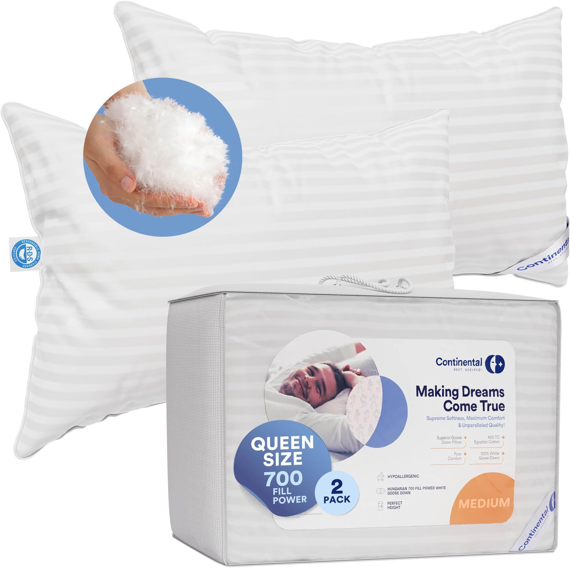 Continental Bedding | Serenity Goose Down Pillow | 700 Fill Power Hungarian White Down | 400TC Cotton Damask Shell | Made in USA | Medium, Queen (Pack of 2), 2 CountOEKO-TEX STANDARD 100