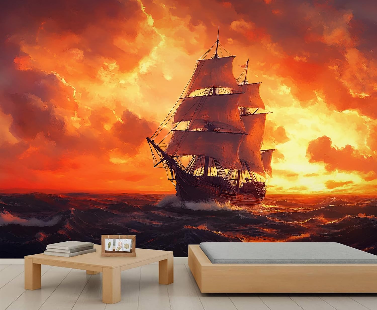 3D Modern Canvas Wallpaper Mural Baroque Pirate Ship Canvas Velvet Sails Ambiance Peel and Stick Removable Self Adhesive Wall Stickers for Living Room Kids Bedroom Home Decor 118"（W） x 78"（H）