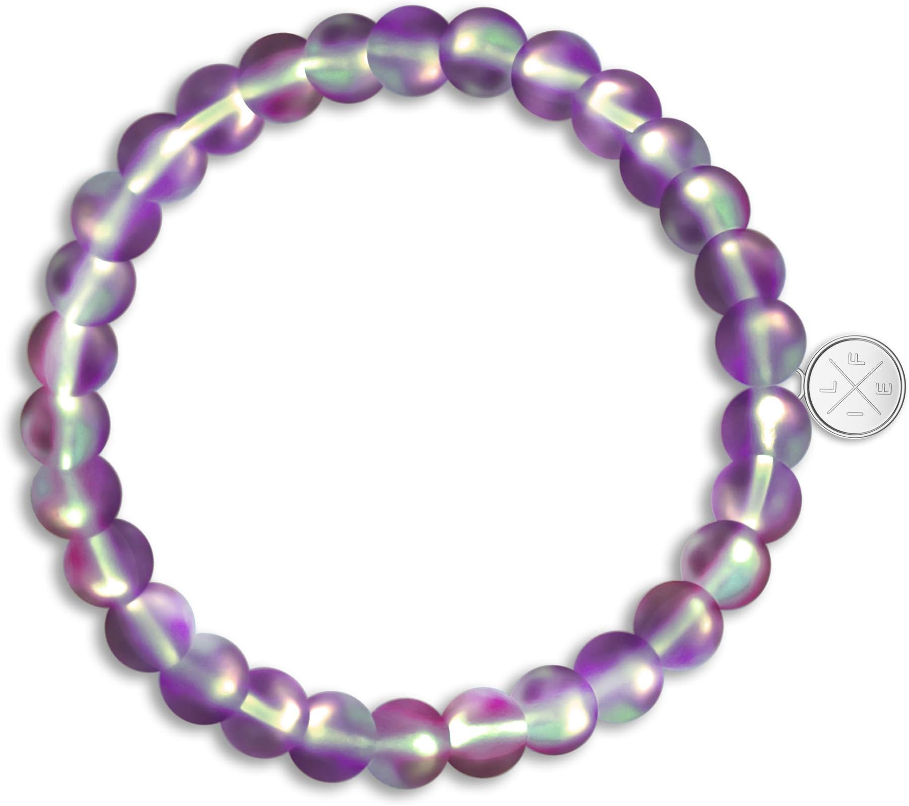 Shimmer Beads 8mm Glowing Glass Mermaid Moonstone Stretch Bracelet for Women Rainbow Violet Purple