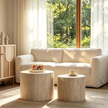 Nesting Coffee Table Set of 2, Round Nesting Tables Wooden End Tables for Small Space, Modern Side Tables Set for Living Room, Office, No Need Assembly, Amber