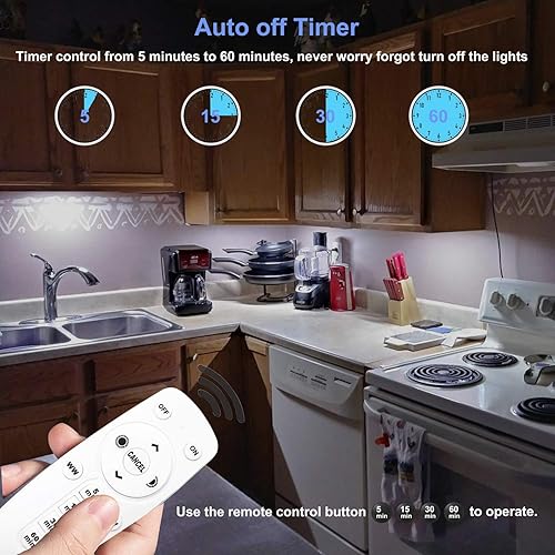Vista 22 de LDOPTO Luces para debajo del gabinete, inalámbricas con control remoto, regulables, funciona con pilas, luces LED para armario, iluminación