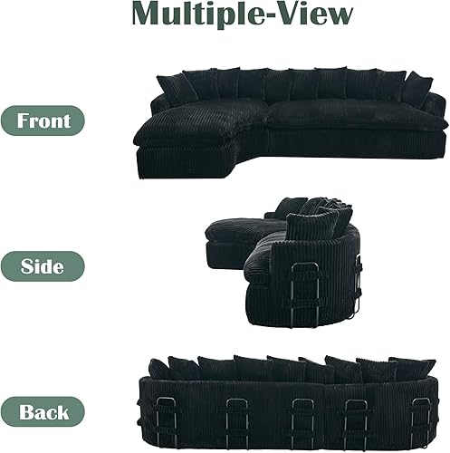 Miniatura 6 de Sofás seccionales Cloud de 129 pulgadas para sala de estar, sofá curvado sin hueso, sofá esquinero tapizado de pana, color negro
