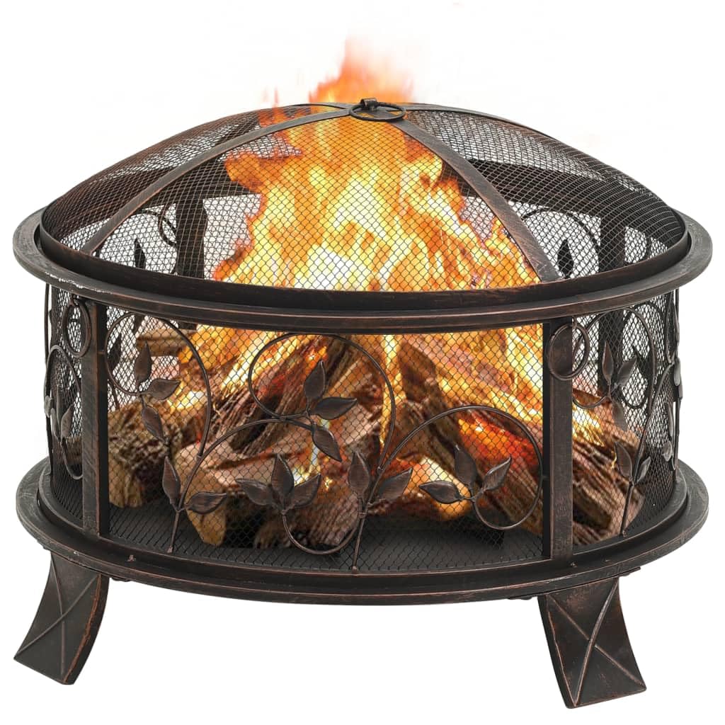 Rustikale Feuerstelle mit Schurhaken aus Stahl, 67,5 x 67,5 x 48 cm, Kamin Ofen fur Terrasse und Garten, mit Funkenschutz, Kaminkorb, Holzhalter, Deko, Warme und Behaglichkeit