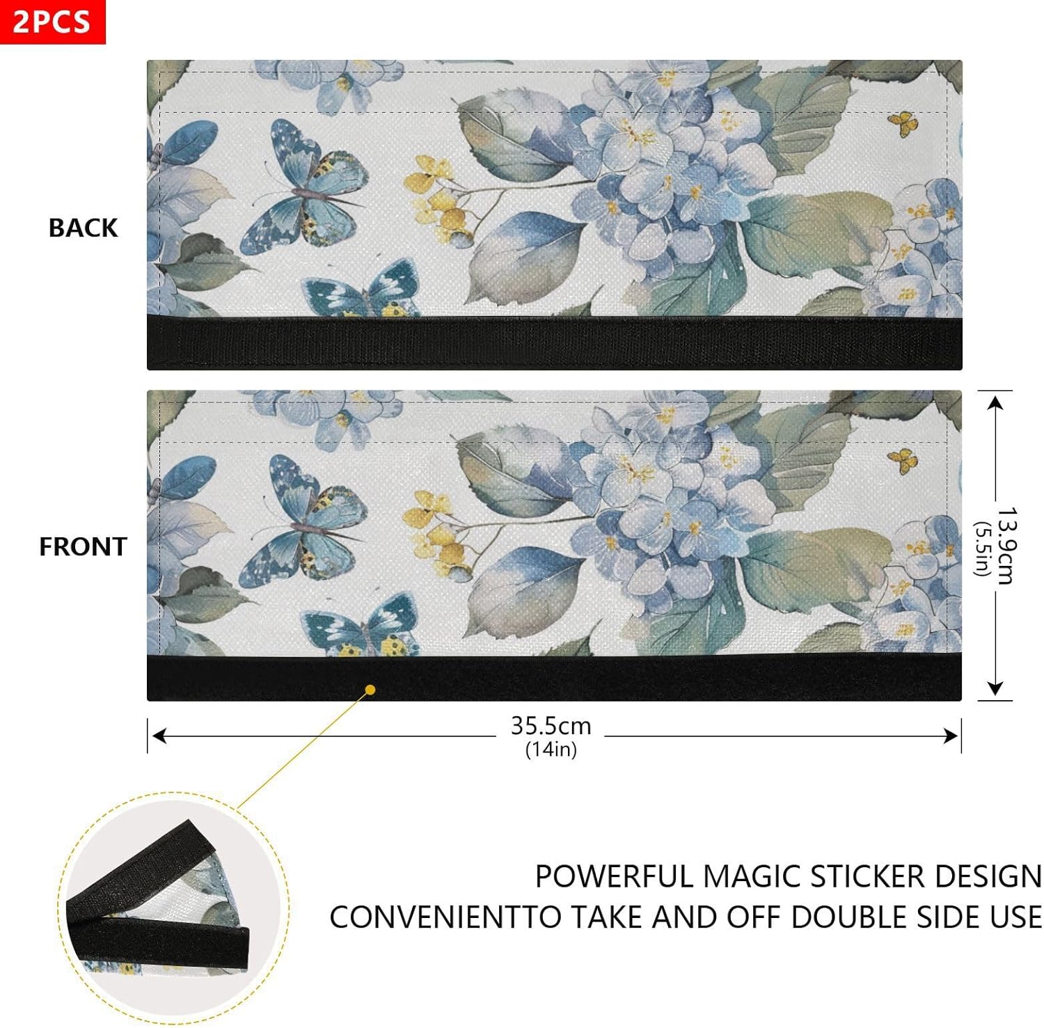 Blue Hydrangea Butterfly Refrigerator Handle Covers Set of 2 Door Handle Covers for Fridge Oven Microwave Appliance Washable Decor Non-Slip Dishwasher Door Cloth Protector 14x5.5in