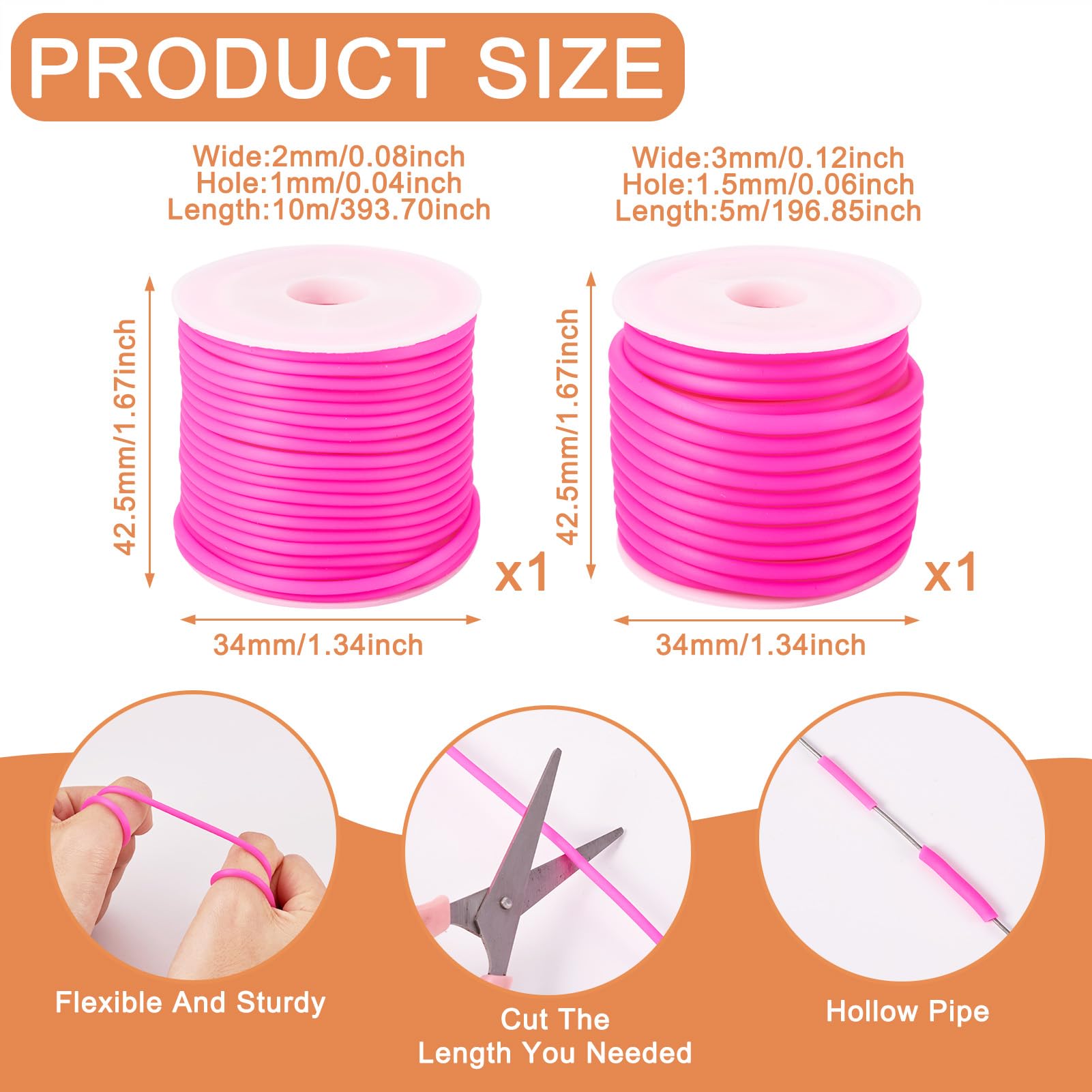 FASHEWELRY 2 Rolls Hollow Rubber Cords, 2mm & 3mm Silicone Tubing for Knitting & Crafts, Camellia Rubber Barber Cords for Stitch Saving
