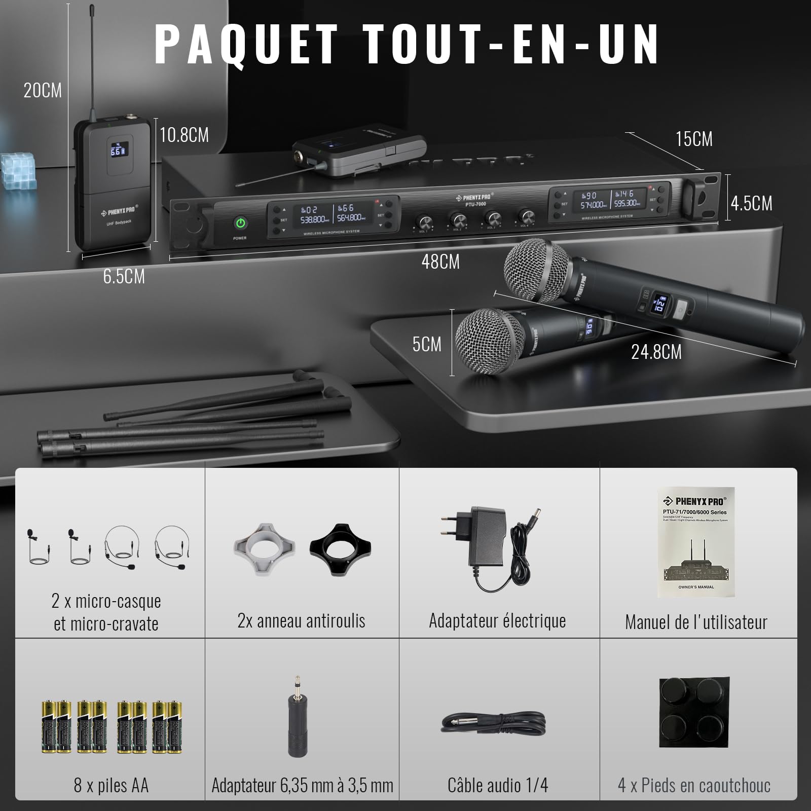 Phenyx Pro Système de Microphones sans Fil UHF 4 Canaux PTU-7000-2H2B