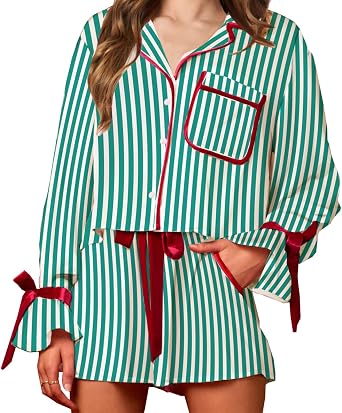 Satin Silk Pajamas for Women Set Long Sleeve Shorts Bow Heart Print Lounge Pjs Cute Button Down Valentines Sleepwear