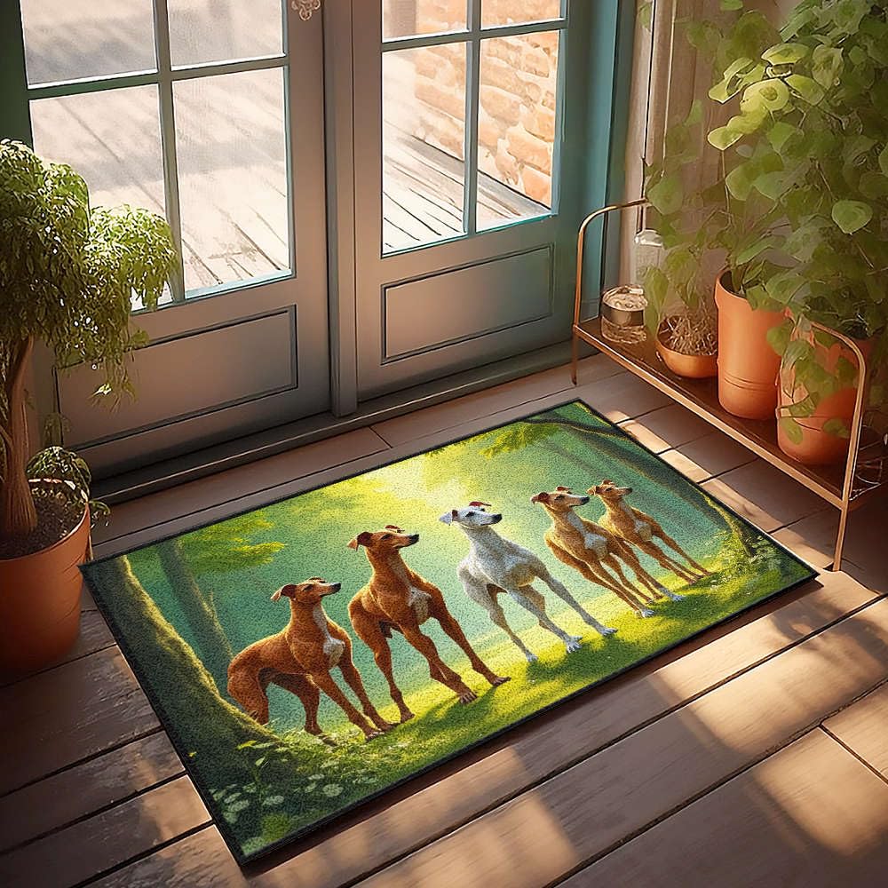 Paillasson uni résistant de 65 x 90 cm illustré de cinq chiens en forêt