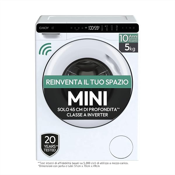 Candy ProWash 700 Mini Lavatrice Mini 5 Kg Salvaspazio, Compatta Slim 51 x 48,8 x 70 cm (LxPxA), Motore Inverter, Classe A, Programma Rapido 15 Min, Connettività WiFi App, CW50-BP12307WU1-S - 1