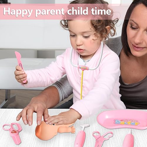 Miniatura 6 de Kit de médico para niños, 40 piezas de juguetes de simulación, juego de médico rosa para niños con disfraz de médico, regalo de juego de doctor para