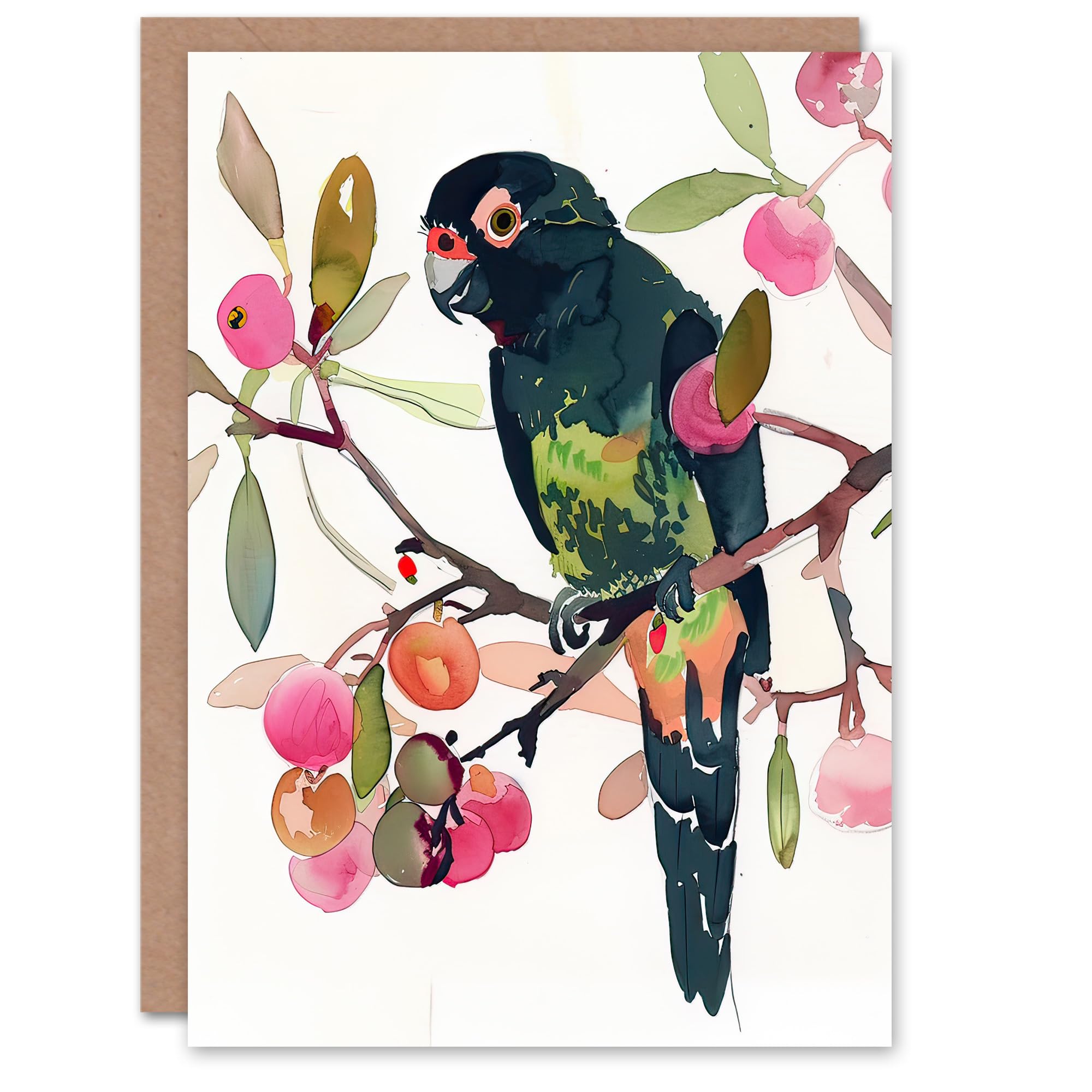 Artery8 Greeting Card Parrot Perched on Fruit Tree Branch Watercolour Blank For Him Or Her Art Birthday Card