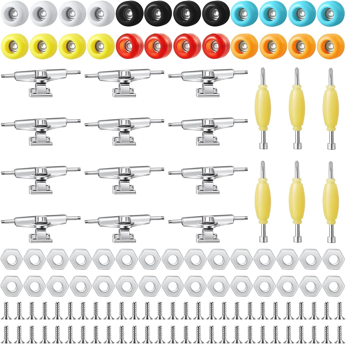 Jexine 6 Sets DIY Fingerboard Kit Fingerboard Accessories Mini Finger Skateboard Parts Include 12 Brackets 54 Screws 30 Nuts 6 Screwdriver 24 Board Wheels Tool for 96mm(Colorful)