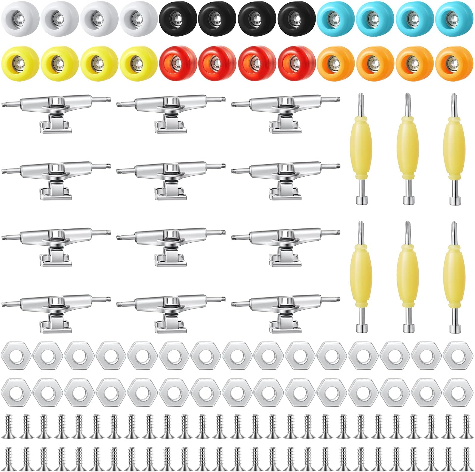 Jexine6 Sets DIY Fingerboard Kit Fingerboard Accessories Mini Finger Skateboard Parts Include 12 Brackets 54 Screws 30 Nuts 6 Screwdriver 24 Fingerboard Wheels Tool for 96mm (Colorful)