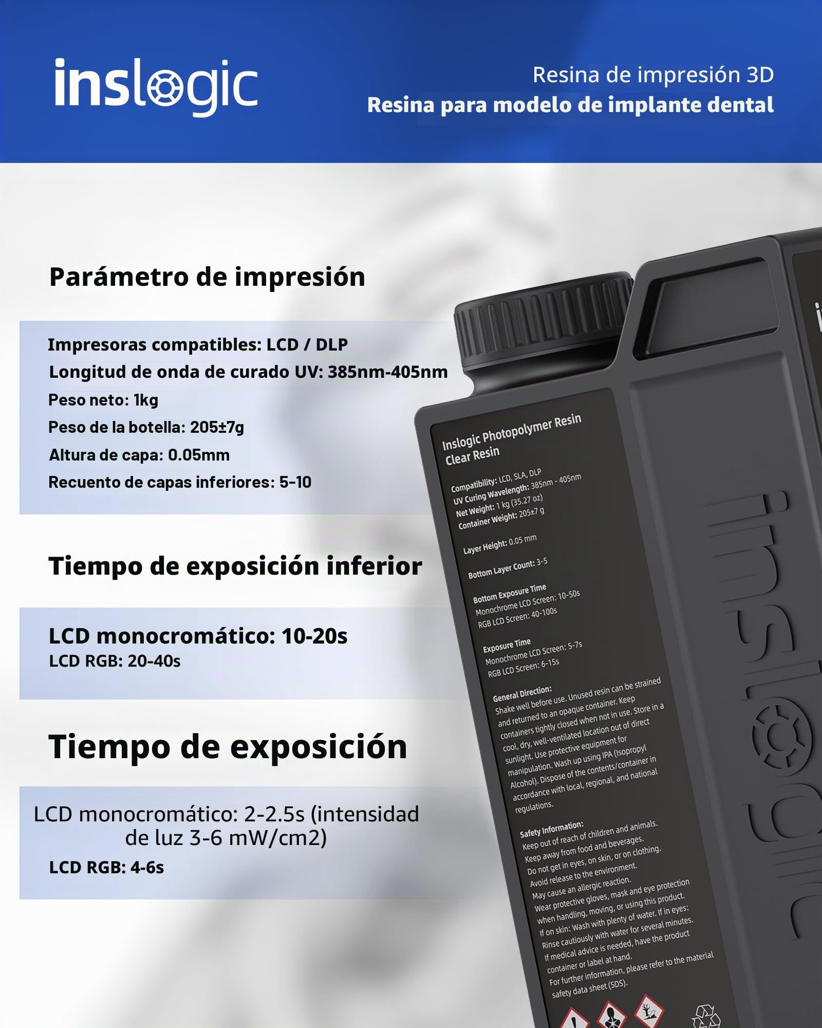 Inslogic Resina para impresora 3D modelo de implante dental, alta precisión y bajo encogimiento, resina curada UV 405nm para modelos dentales, prótesis, ortodoncia, investigación (Amarillo, 1kg)