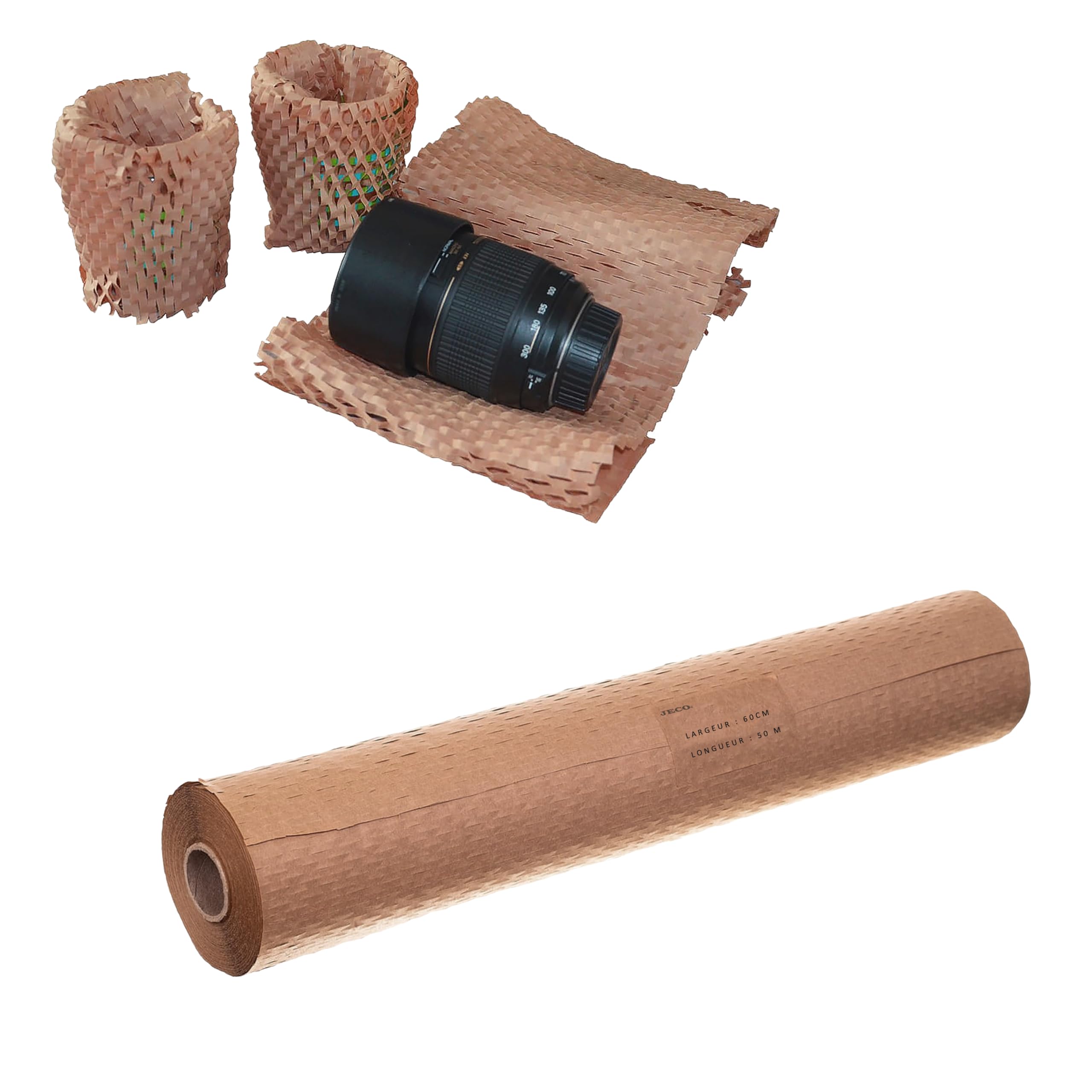 Jeco - 1 rouleau de papier kraft en nid d’abeille Emballage 60cm x 50m écologique pour protection, rembourrage, emballage cadeaux, déménagement, remplace le film bulles