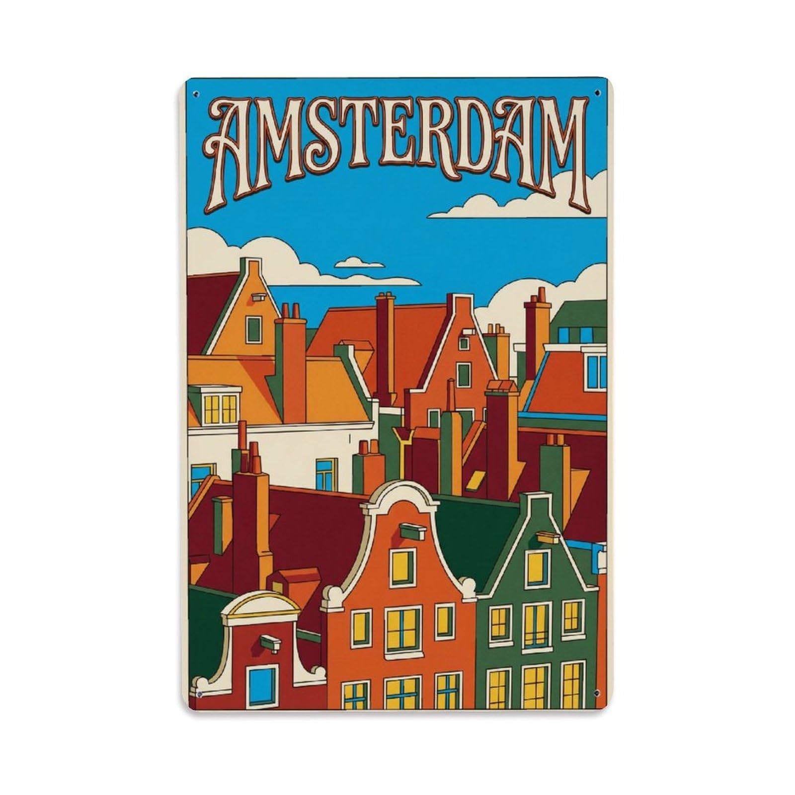Vintage Travel Chimneys Netherlands Rooftop Metal Tin Sign