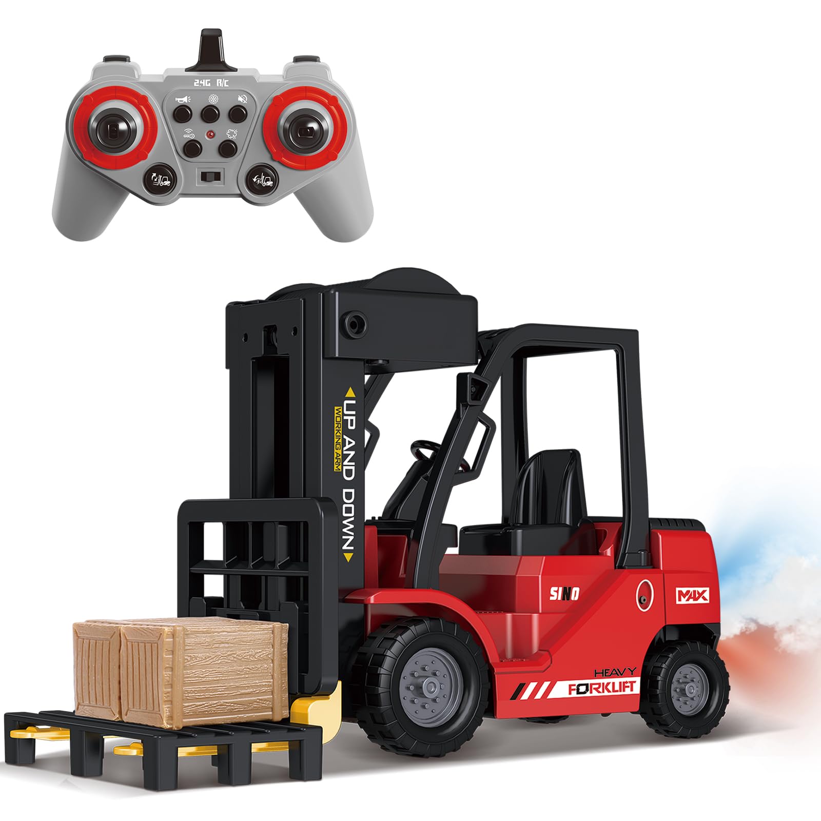 Mostop Carretilla elevadora teledirigida, juguete 1/24 Rc carretilla elevadora de juguete, con cajas/arcilla y spray luminoso, dos baterías recargables y cargador, técnica de juguete de coche