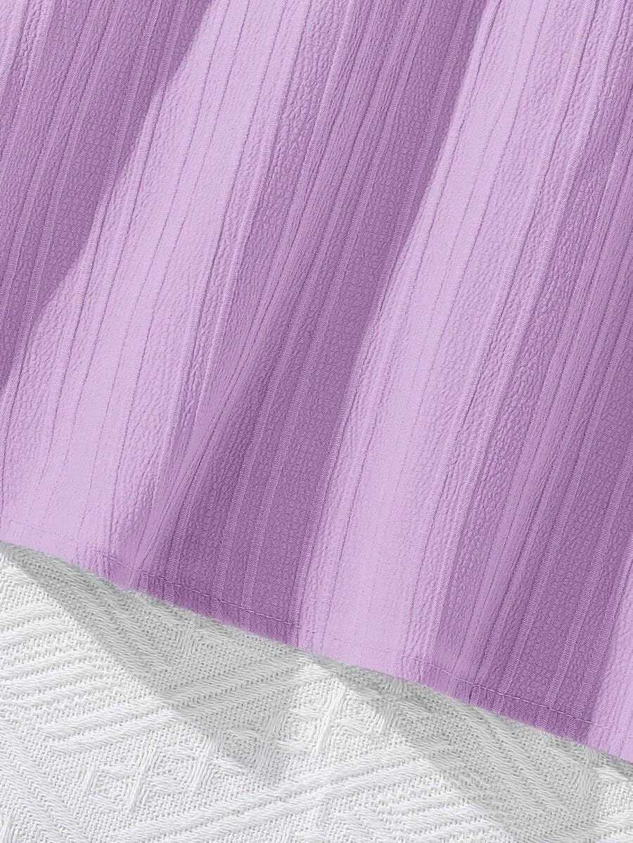 PAMBERSTON Baby Girl's Polyester Blend Frock with Short Ruffle Sleeves Round Neck Solid Pattern A Line Style Knee Length and Waist Bow Purple 4