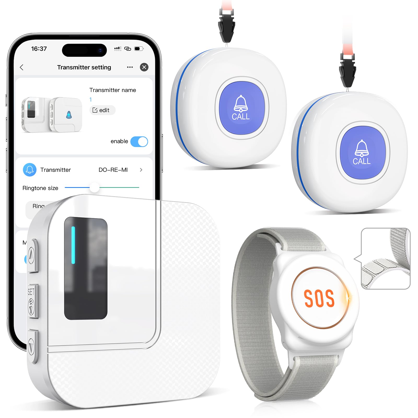 CallToU Botón de emergencia para personas mayores en teléfono móvil, llamada de emergencia para familiares | Notificación de aplicaciones, control de teléfono móvil, varias personas compartidas, pulsera de nailon, sistema ampliable