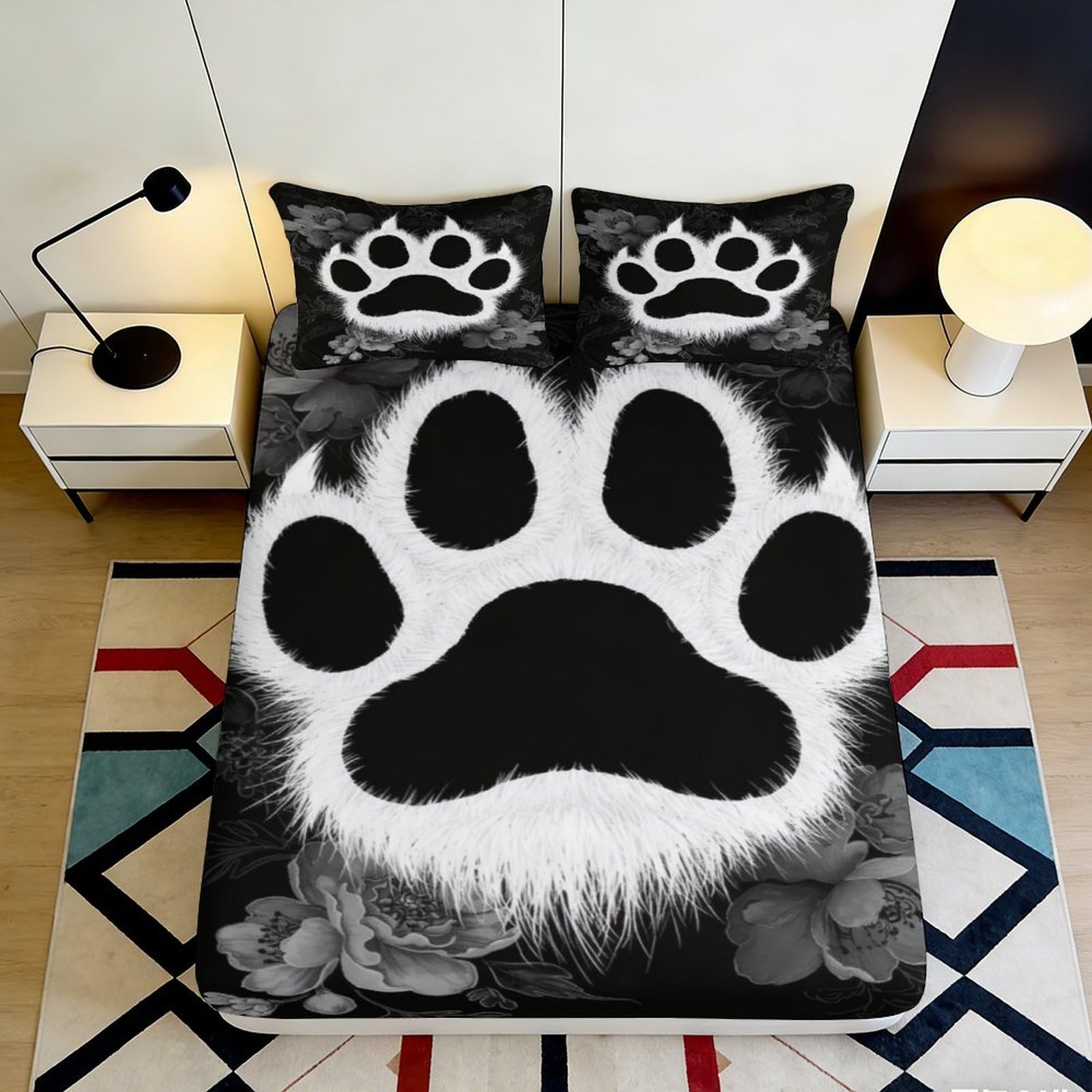 3D Printed Animal Paw Fitted Sheet Microfiber Deep Pocket Non-Slip Bedroom Bedding Paw Mattress Fitted Cover Washable Elastic Hem 200x200x25cm 90x200x25cm