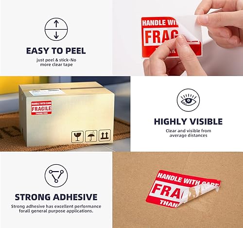 Miniatura 3 de 500 calcomanías frágiles para envío de vidrio móvil, 3 x 2 pulgadas, mango con cuidado, etiquetas frágiles de grado comercial (1 rollo, 500