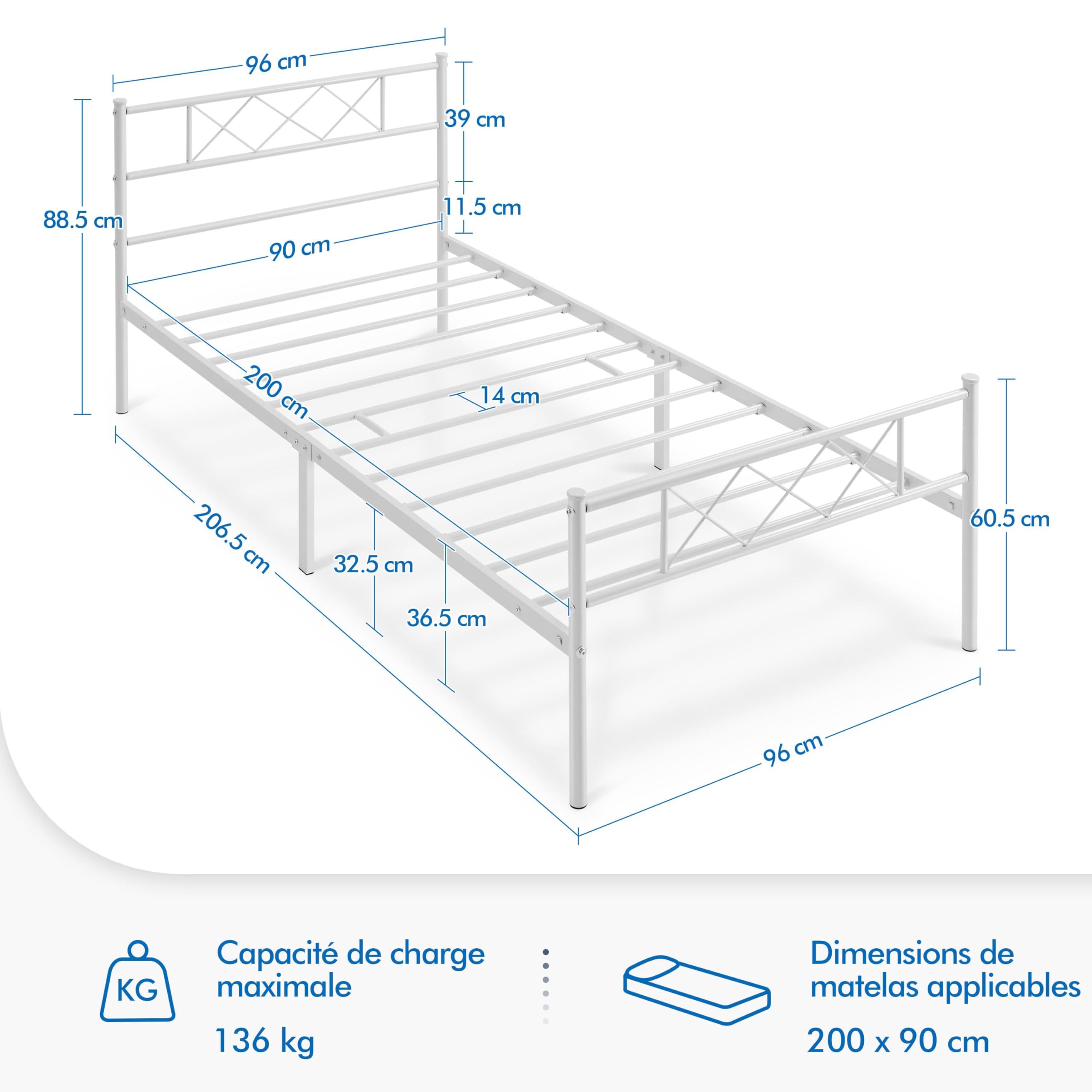 Yaheetech Marco de Cama Individual Cama de Metal para Adultos Gran Espacio en Lamas Moderno blanco/90x200cm