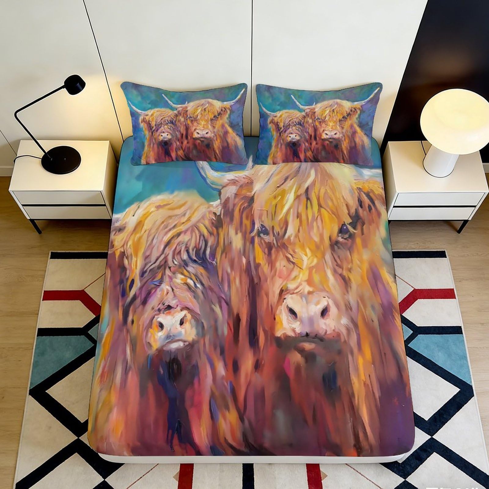 3D Printed Highland Cow Fitted Sheet Microfiber Colourful Cattle Bed Cover for Bedroom Guest Room Dorm Decor 90x200x25cm