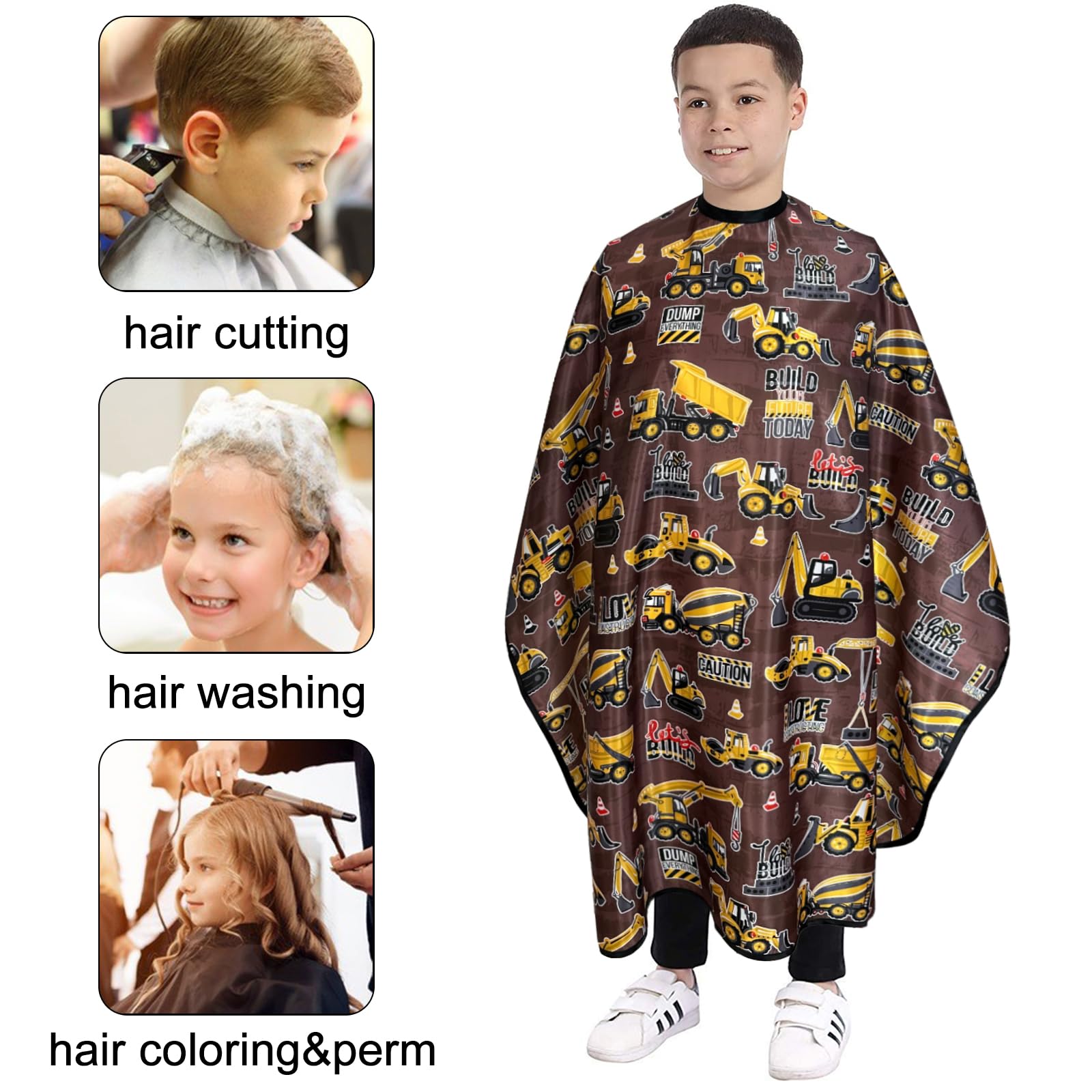 Capas de corte de cabello para niños, impermeables, capas de champú para niños y niñas, 39 x 51 pulgadas (vehículo de construcción) 5
