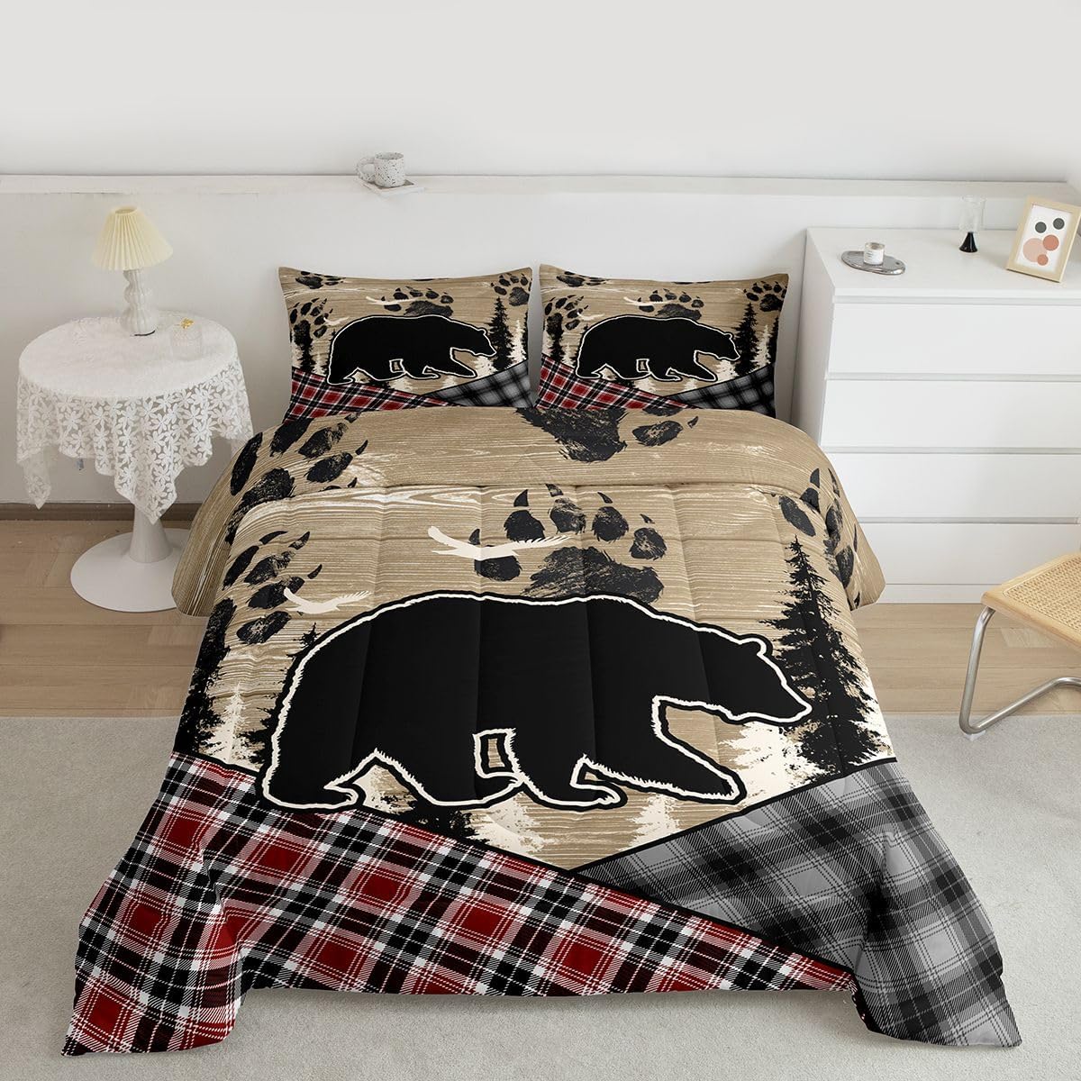 Erosebridal Rustic Bear Quilt Woodland Animals Patchwork Comforter Set Queen for Teens Men,Paw Print Pine Trees Bedding Set Buffalo Checkered Plaid Country Decor,Brown Wooden Plank Farmhouse Decor