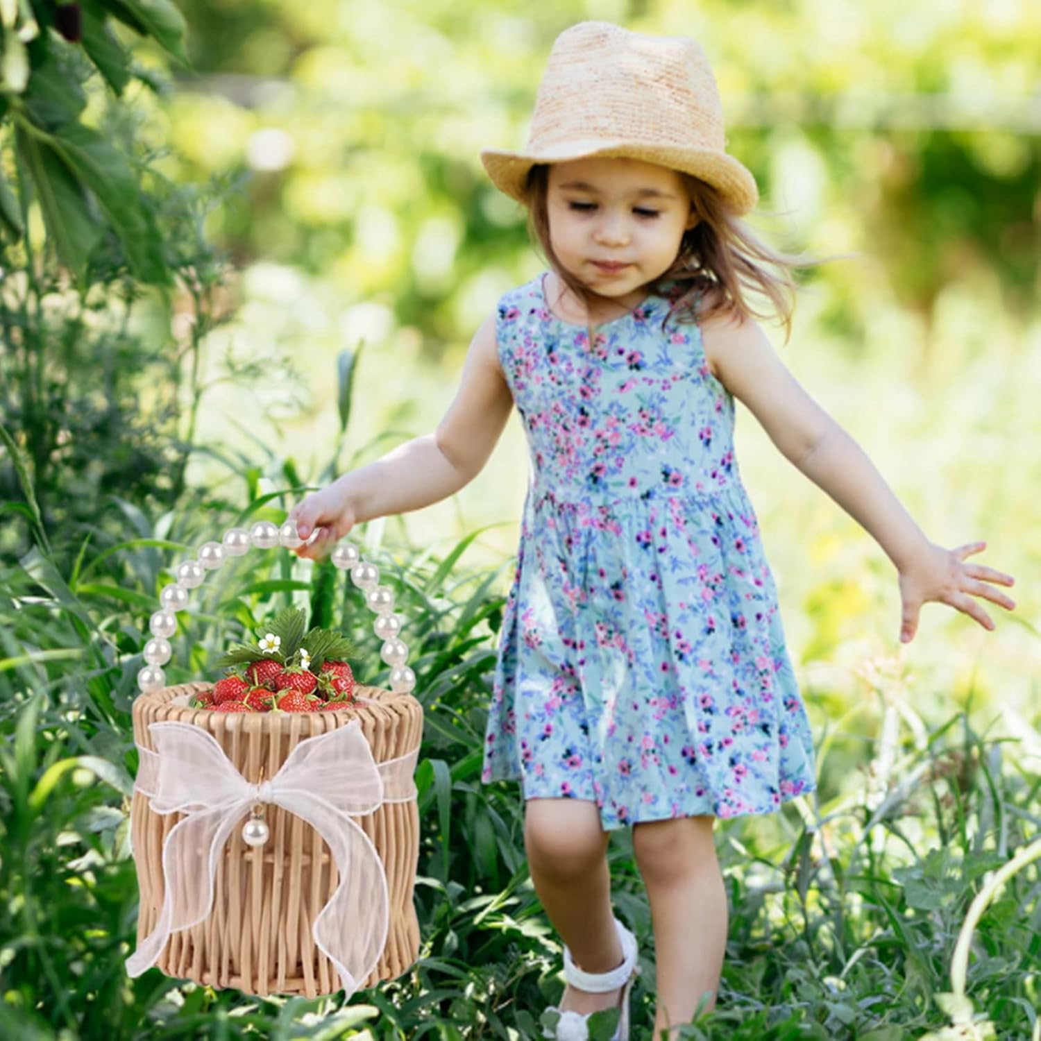 Wicker Rattan Basket with Handle Flower Girl Basket Pearls Willow Woven Baskets for Wedding Home Garden Decoration