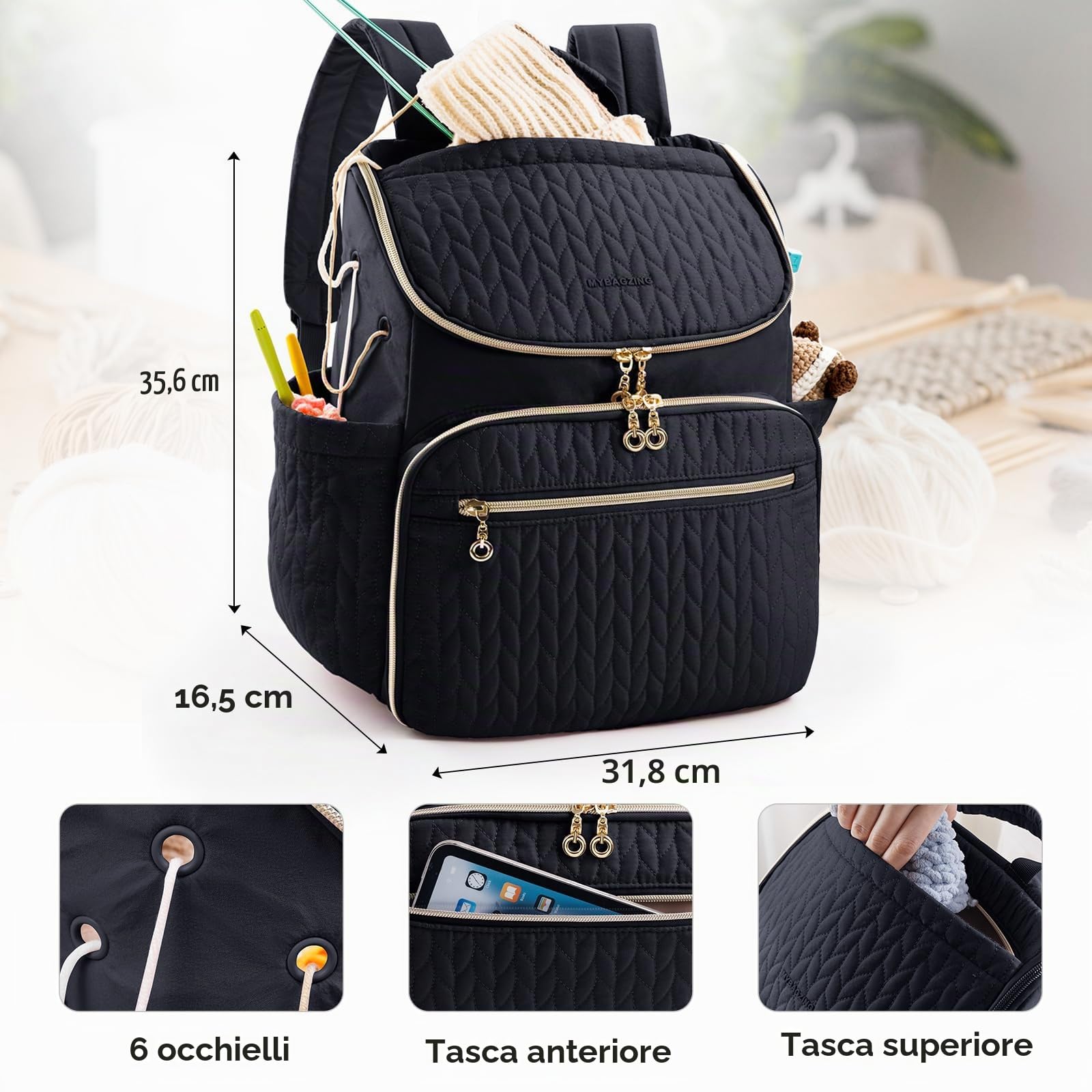 MYBAGZING Borsa a maglia, grande zaino all'uncinetto, organizer per uncinetto, organizer per filati, porta filati con 10 tasche per accessori all'uncinetto, per lavori a maglia e all'uncinetto, regalo