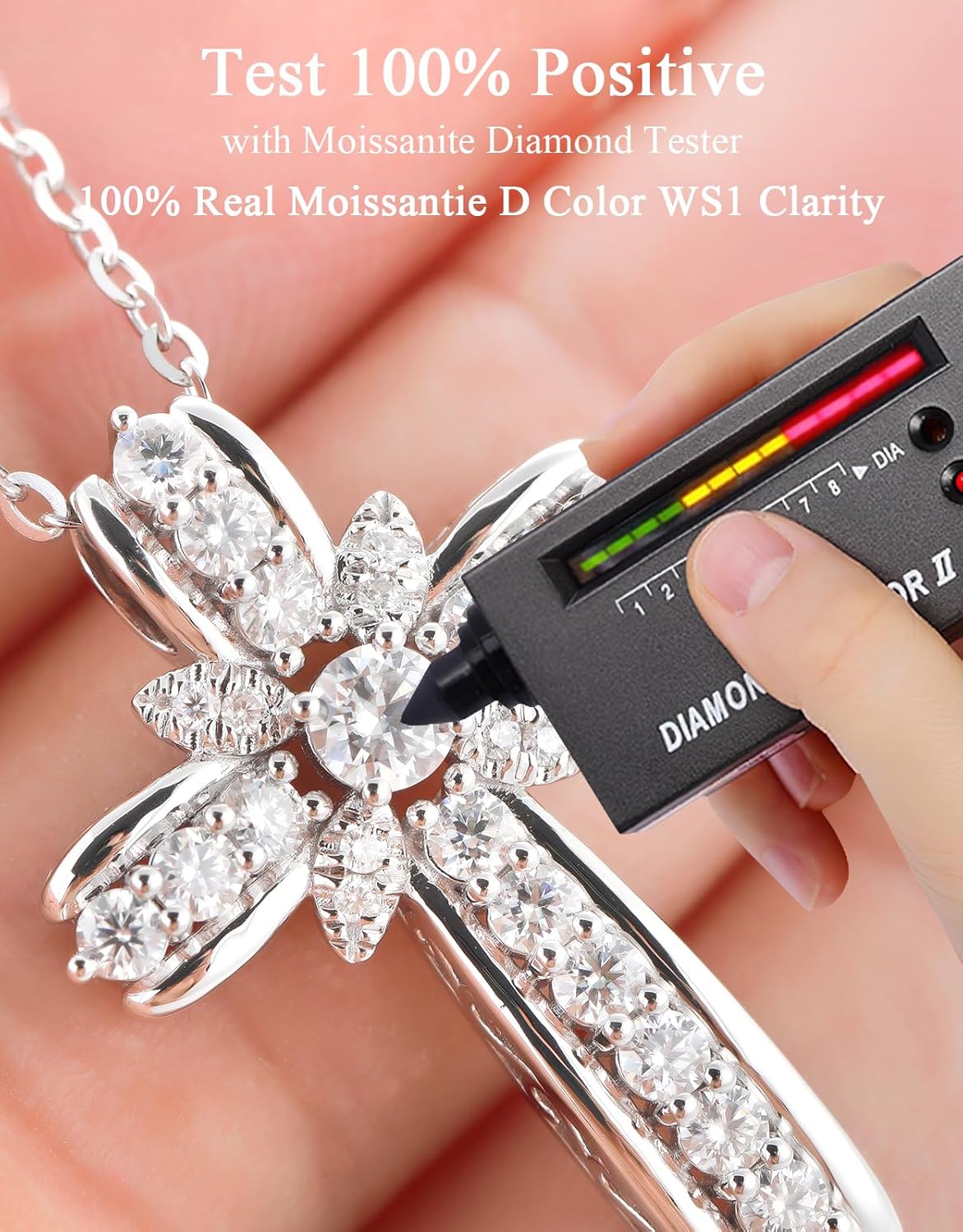 Christian Cross Moissanite Pendant Necklace for Women, D Color VVS1 925 Sterling Silver Plated 18k White Gold 20 Inches Chain - Image 5