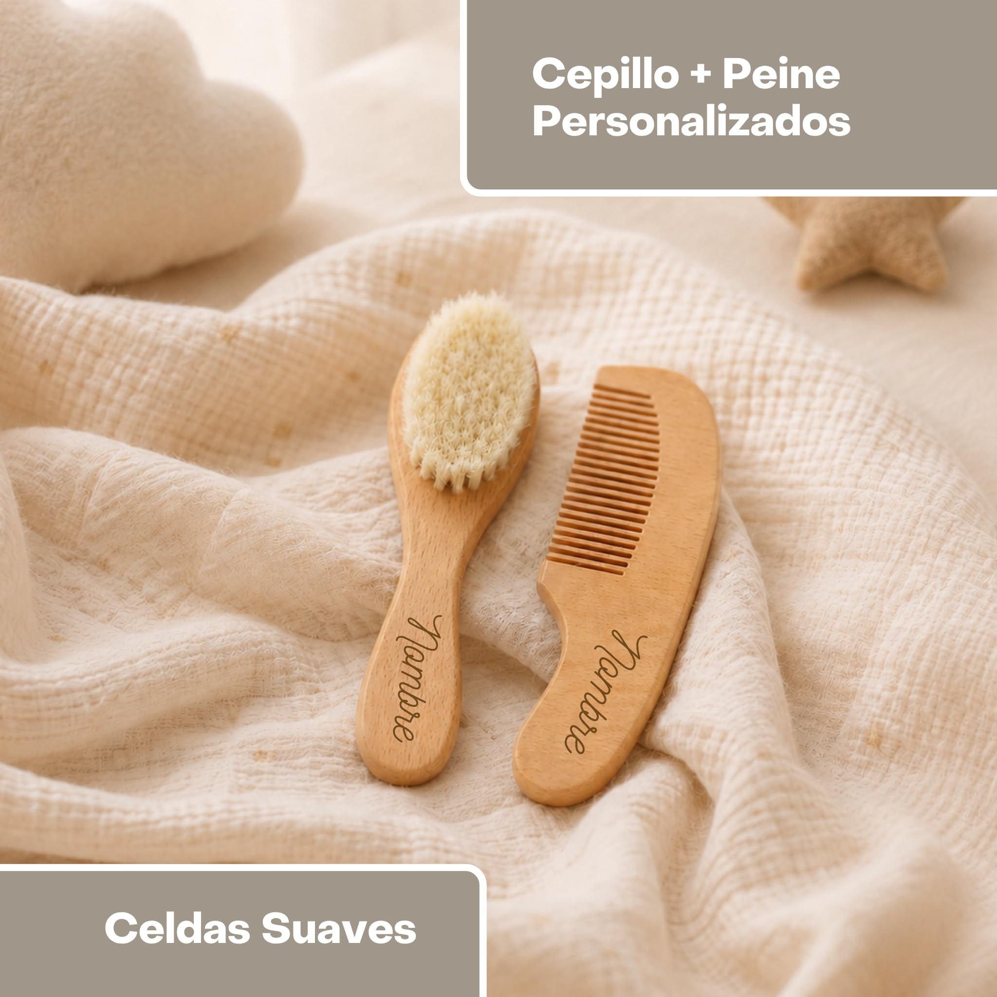 Canastilla Bebé Recién Nacido Personalizada Peluche (Beige) | Canastilla personalizada con manta coralina, peluche conejito, gasa bordada, set cepillo y peine y marco nombre.