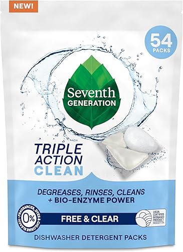Seventh Generation Paquetes de detergente para lavavajillas de triple acción limpiadora automática con poder de bio-enzima, libre y transparente,
