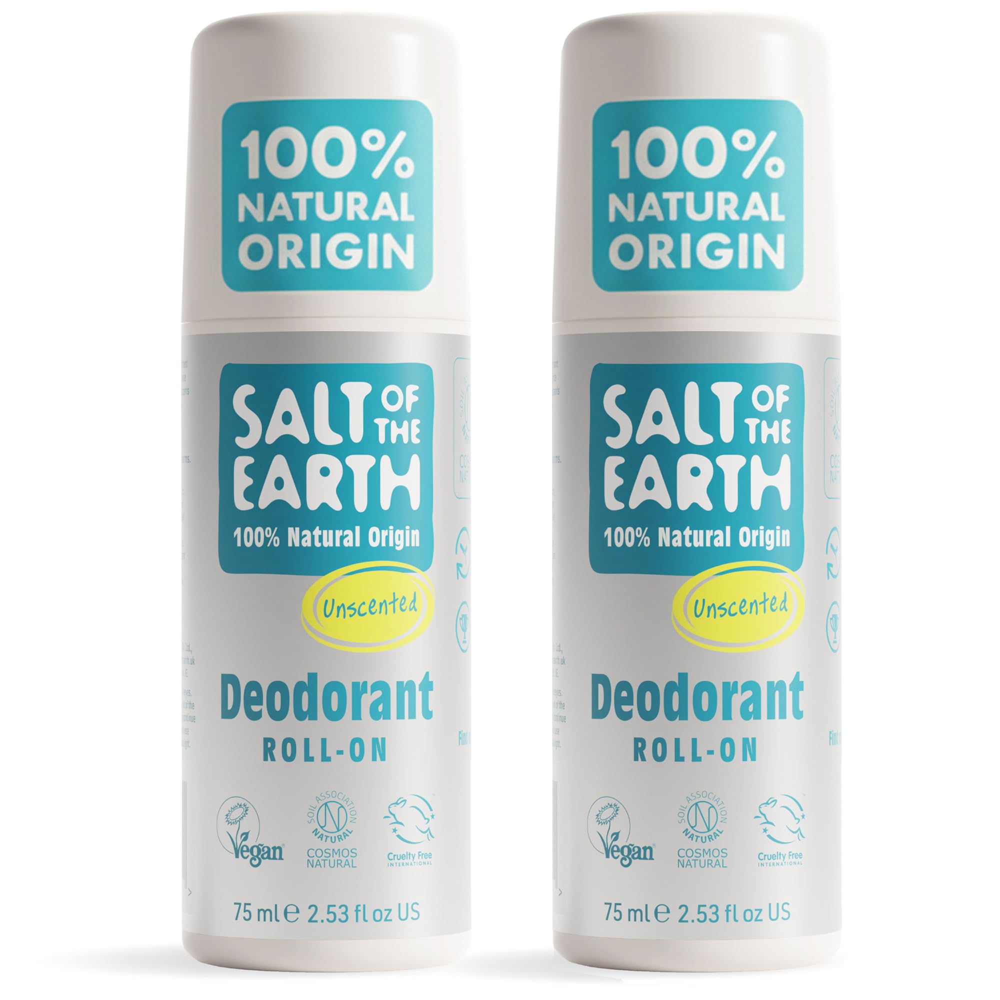 Salt of the Earth - 2 Pack Natural Roll On Deodorant Bundle (2 x 75ml) - Effective Protection, 100% Natural Origin Ingredients, Vegan & Fragrance Free Unisex Roll On, Made in the UK - Unscented