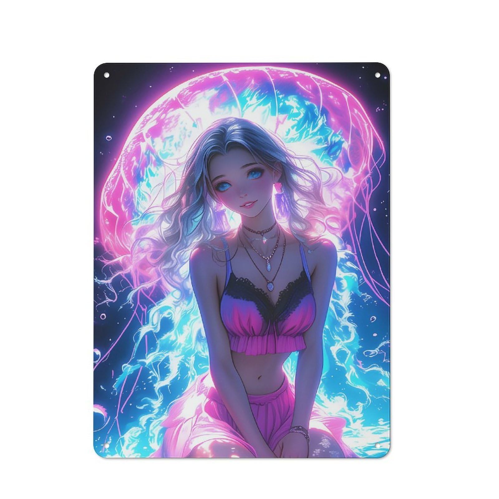 Junmoney Girls Style-6 Anime With Jellyfish Rustic Tin Sign 40X30cm For Café Or Home Bar, Suited To Hospitality Decor Collectors