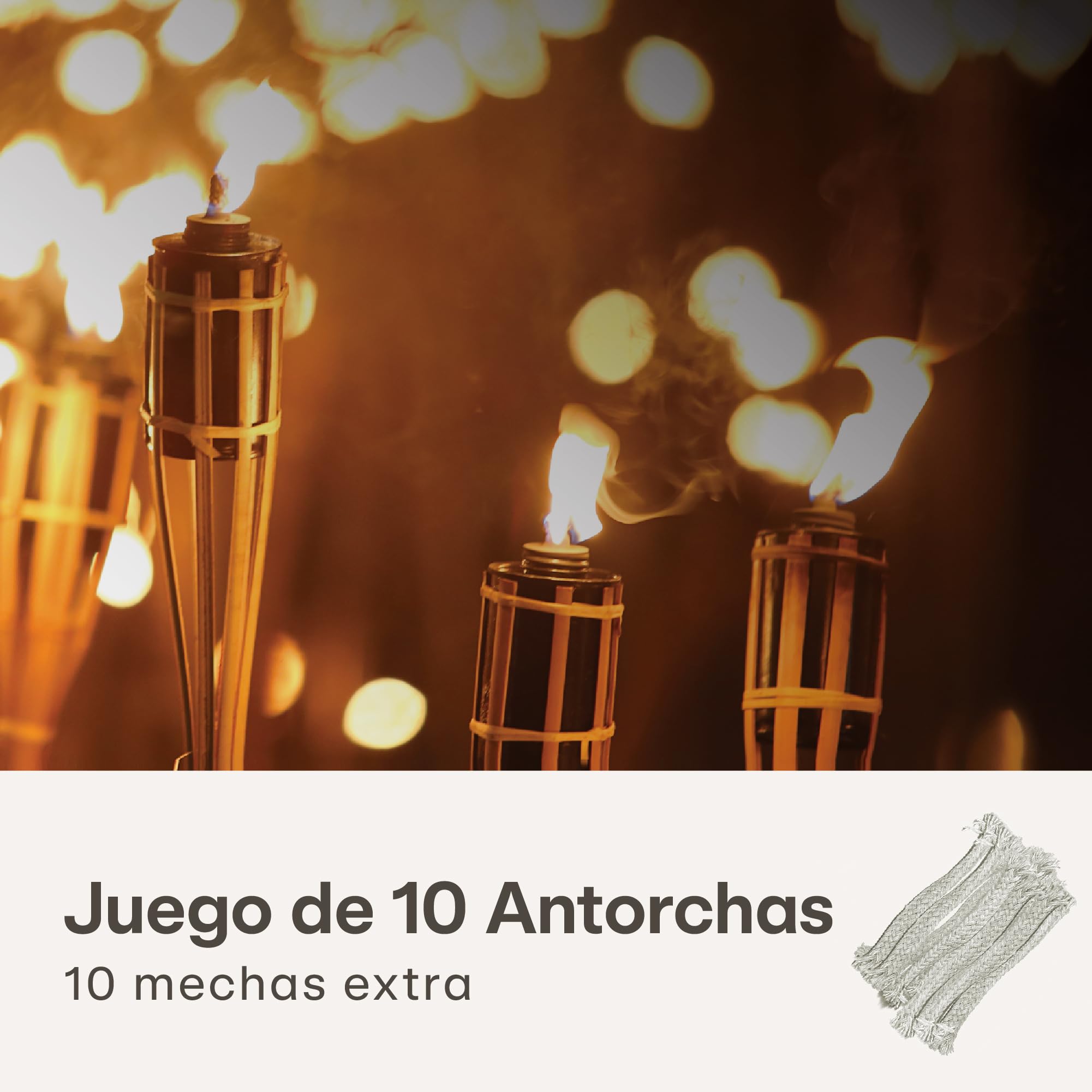 Antorchas Jardín en Bambú 90 CM - 10 Antorchas con 10 Extra Mechas - Larga Duración del Fuego - Recargables
