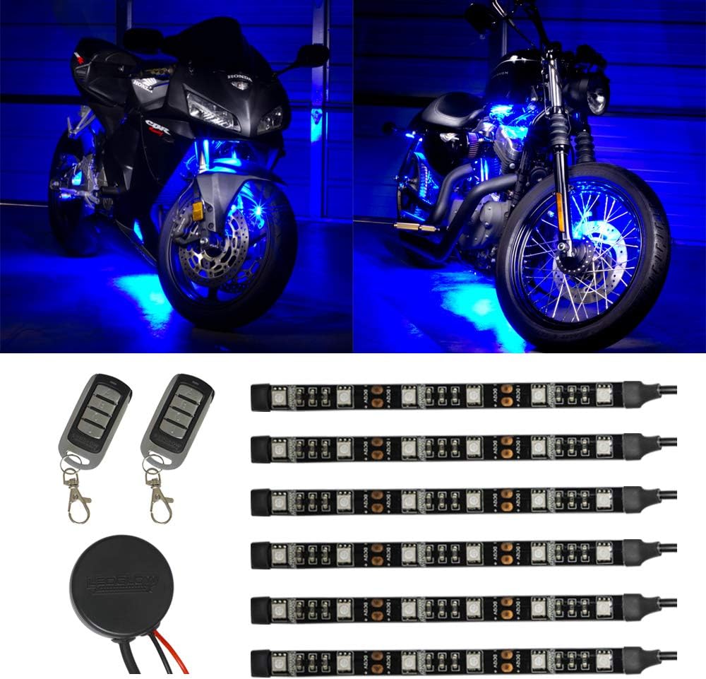 LEDGlow 6pc Advanced Blue LED Motorcycle Accent Neon Underglow Lighting Kit - 4 Patterns - 4 Brightness Levels - 6" Flexible Light Strips - Includes Waterproof Control Box & 2 Wireless Remotes