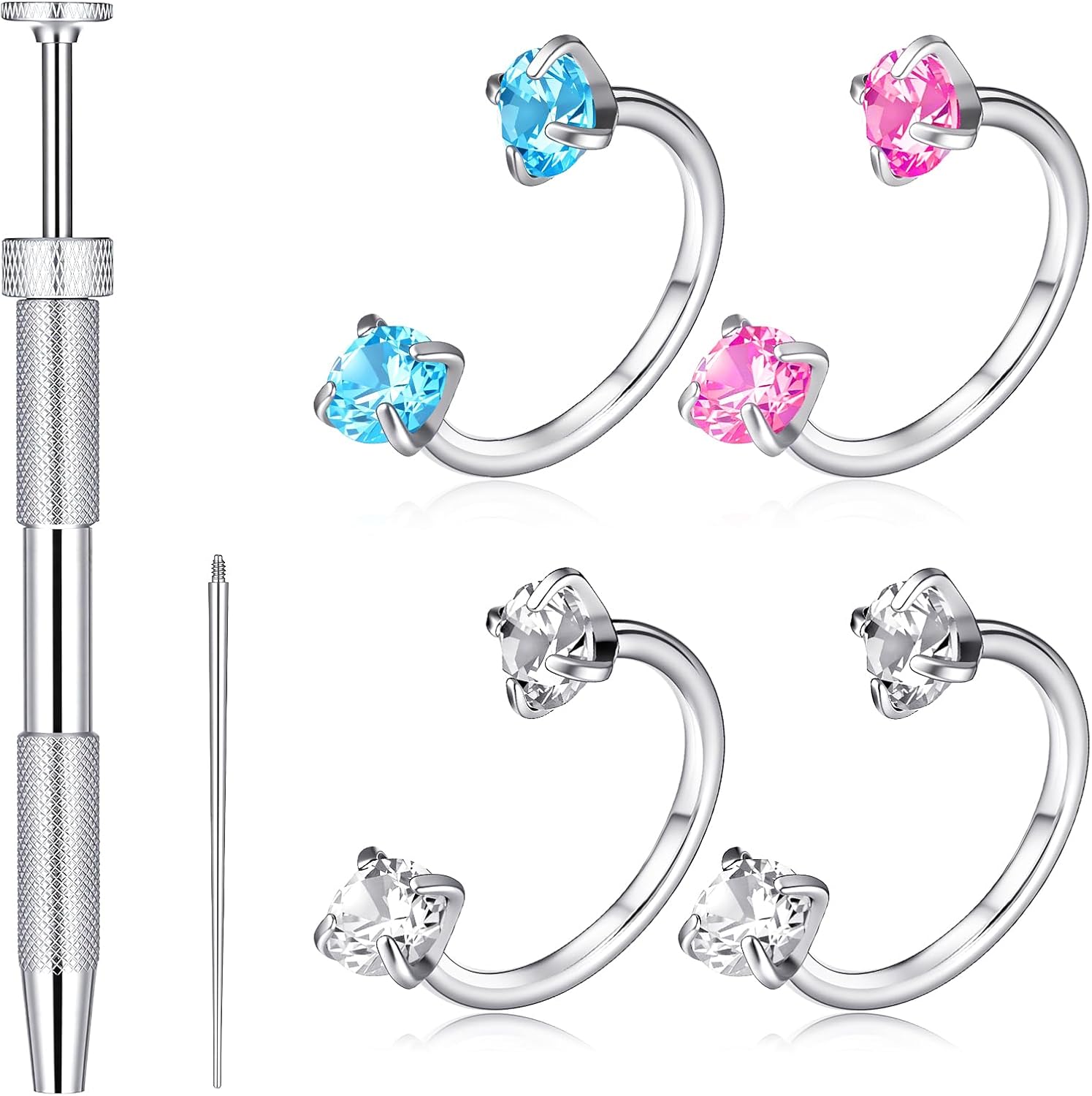 6Pcs Horseshoe Nose Ring Nose Stud for Women Double Gem Horse Shoe Noses Ring Hoop with Internal Threaded Piercing Taper and Grabber Tool Cartilage Helix Tragus Earring Hoop Labret Lip Piercing Jewelry