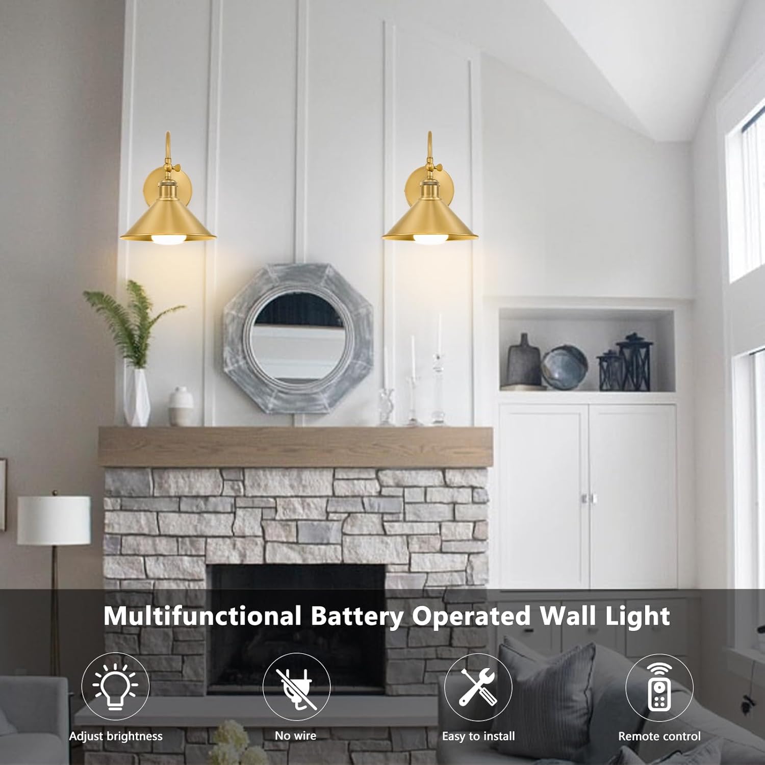 Wireless Battery Operated Wall Sconce, Gold Industrial Wall Lights Decor Set of 2, Vintage Rechargeable Magnetic Cordless Wall Lamp Fixture with Remote for Farmhouse Bedroom Living Room