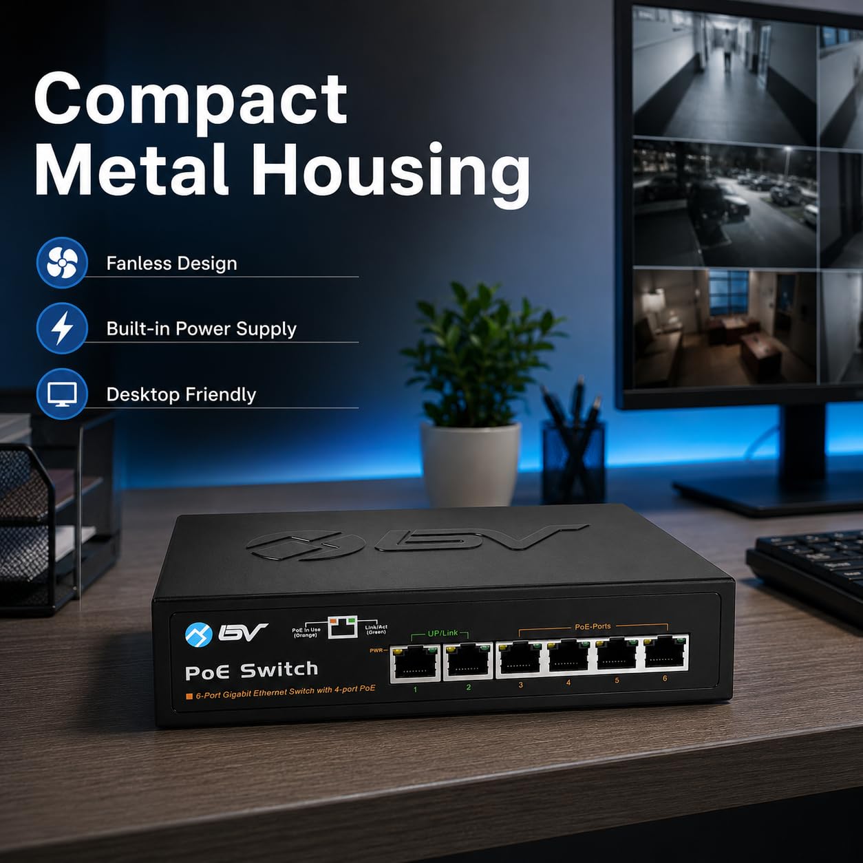 BV -Tech Commutateur Gigabit PoE+ 6 ports (4 ports PoE+ Gigabit avec 2 Gigabit Uplink et Fonction Extension) – 60 W – 802.3at + 1 port PoE haute puissance | Conception sans ventilateur de bureau |